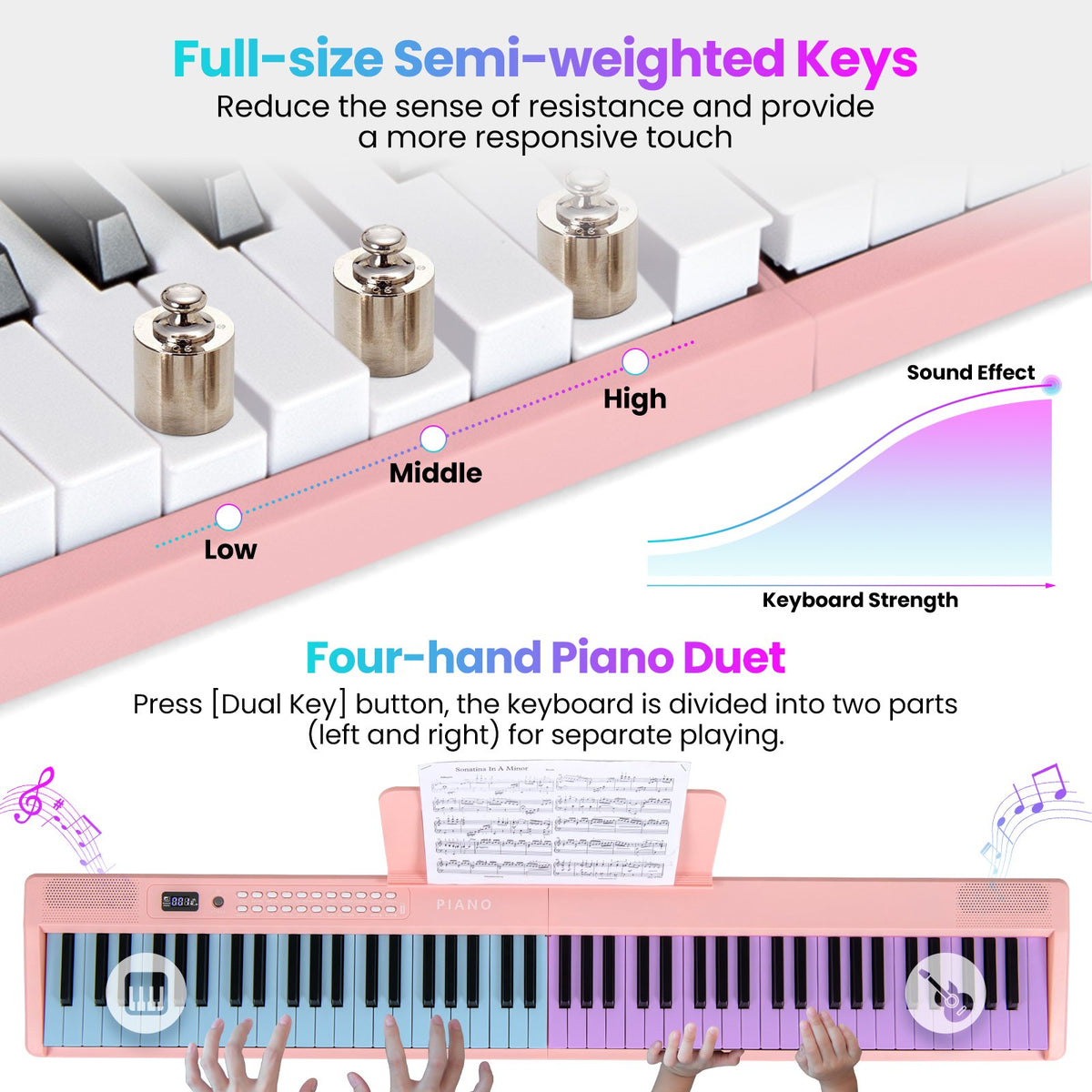 88 Key Foldable Electric Keyboard Piano with Wireless MIDI and Dual Speakers-Pink view 7