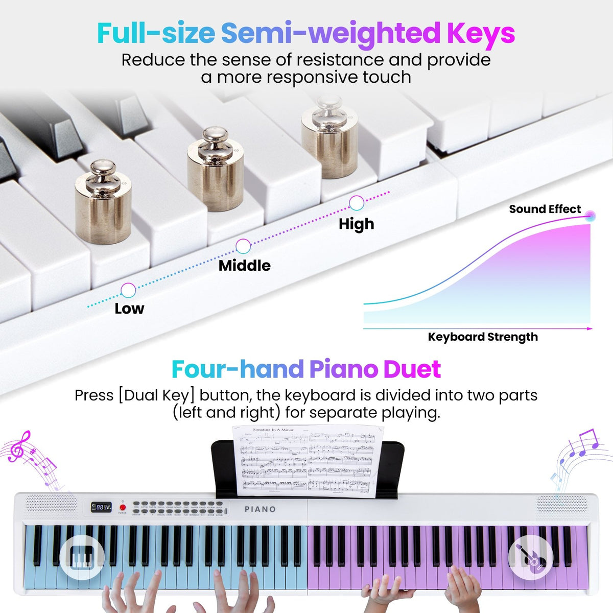 88 Key Foldable Electric Keyboard Piano with Wireless MIDI and Dual Speakers-White view 7