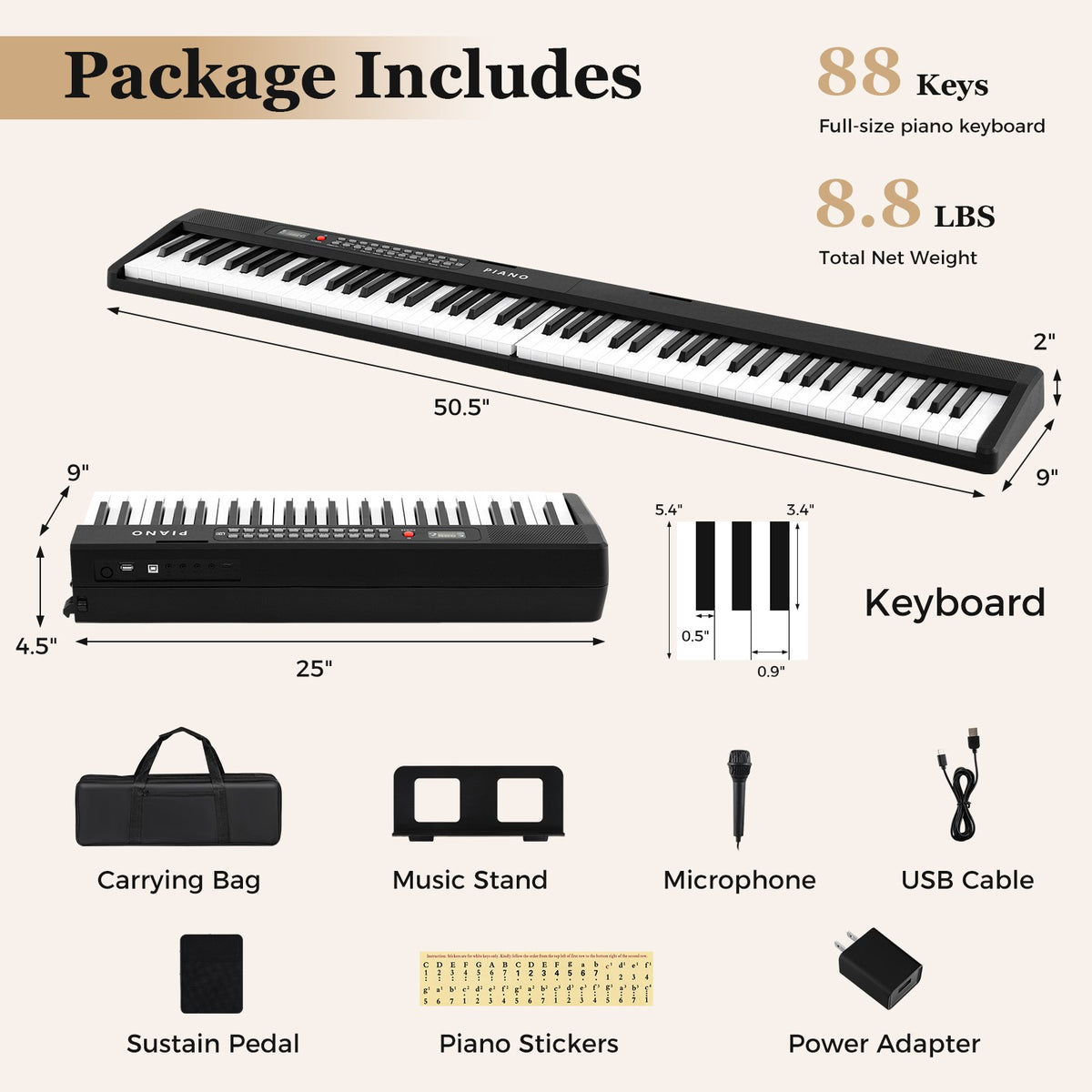88 Key Foldable Piano Keyboard Portable Semi Weighted Electric Piano-Black view 3