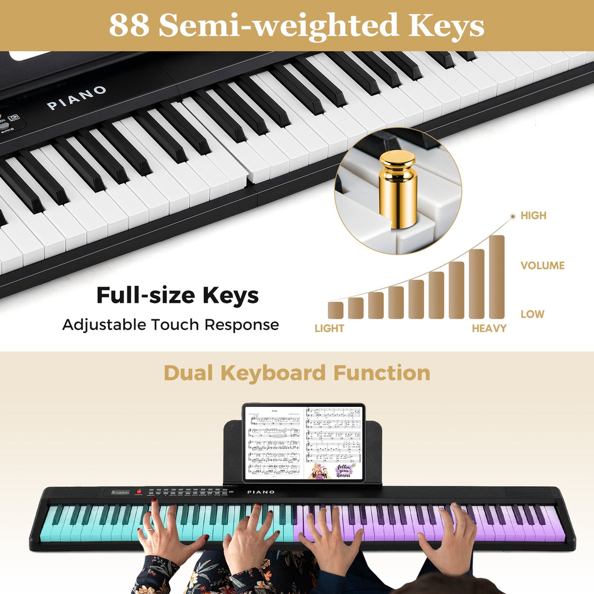 88 Key Foldable Piano Keyboard Portable Semi Weighted Electric Piano-Black view 7