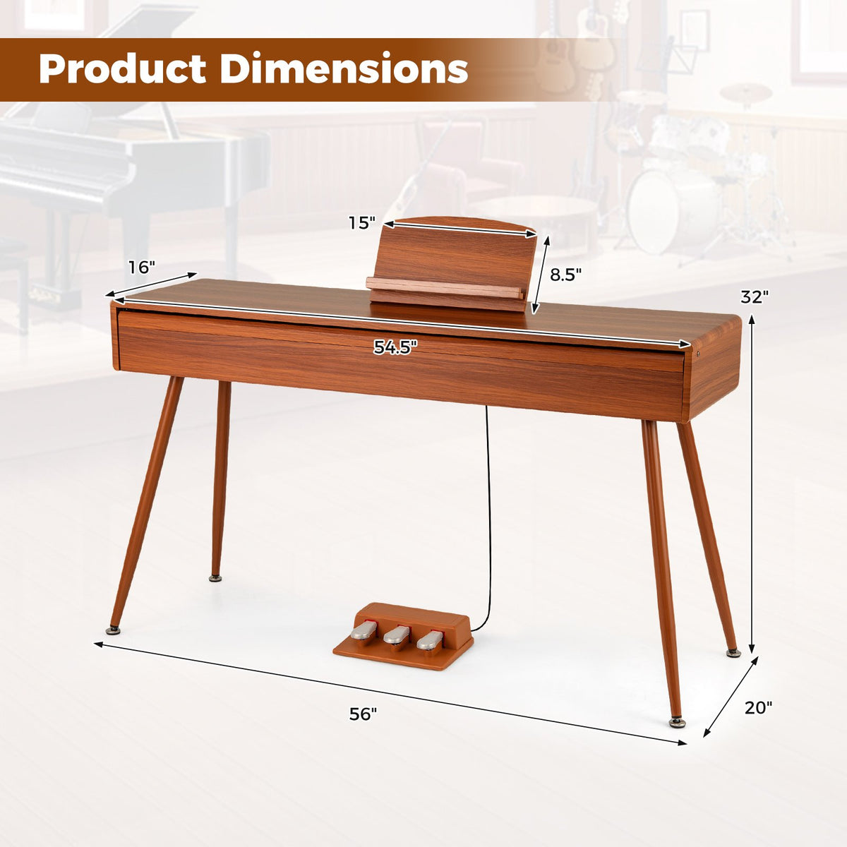 88-Key Graded Hammer Action Weighted Keyboard with Push-pull Drawer-Brown view 3