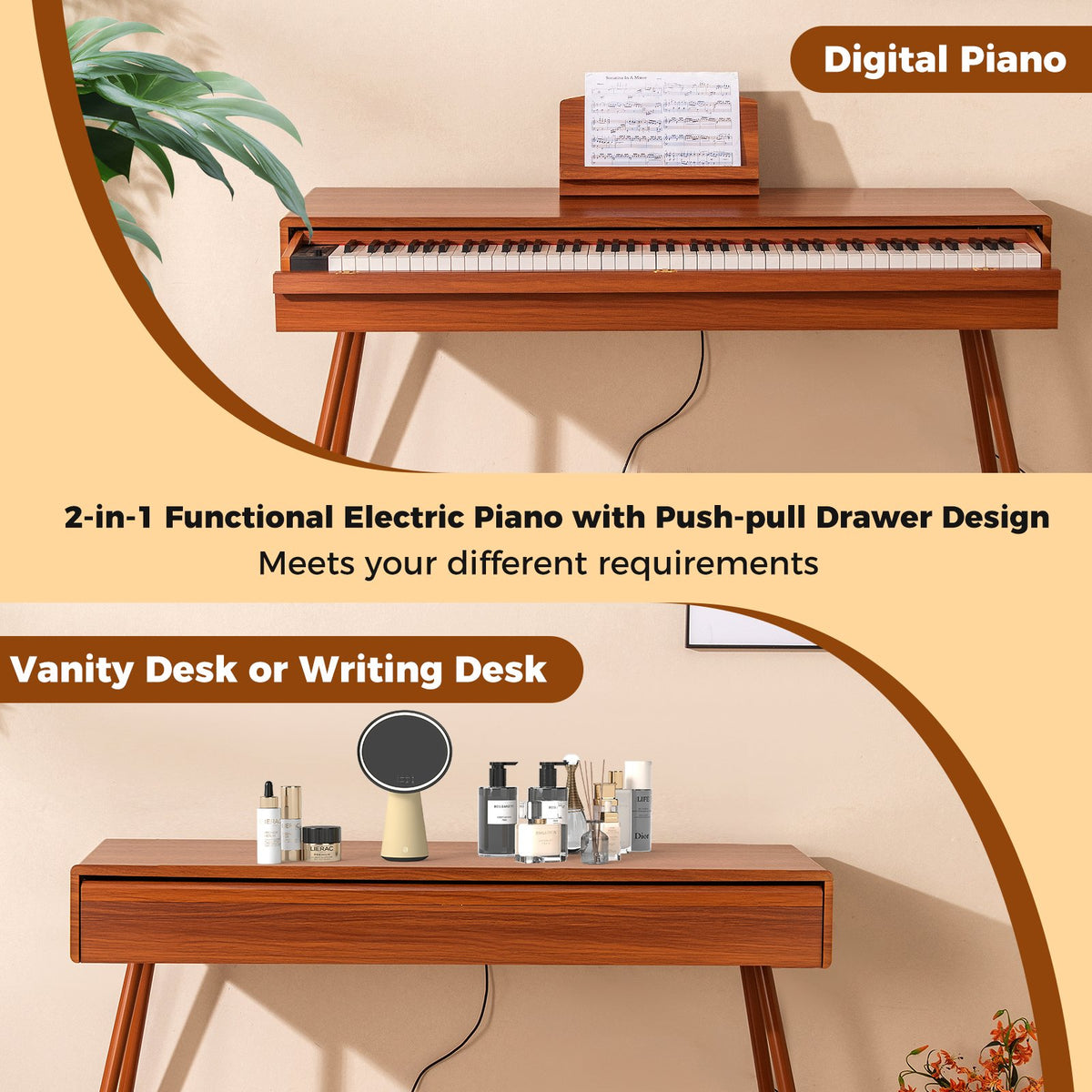 88-Key Graded Hammer Action Weighted Keyboard with Push-pull Drawer-Brown view 4