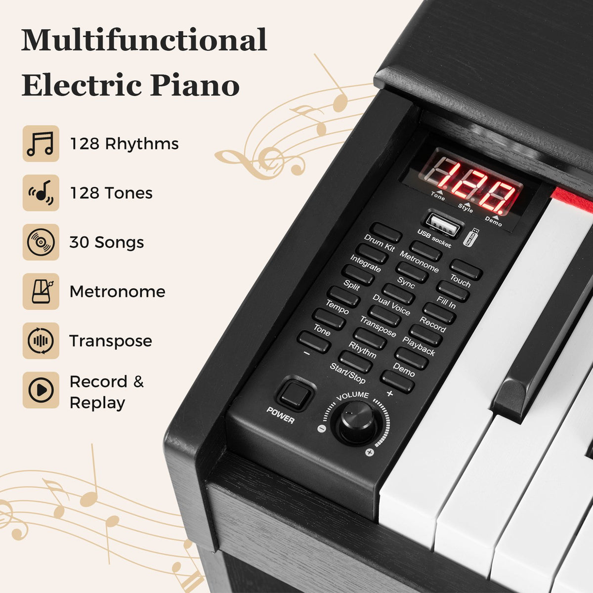 88-Key Hammer Action Weighted Keyboard with Furniture Stand-Black view 5