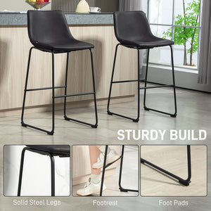 Counter Height Bar Stools Set of 2, Vintage PU Leather Bar Chairs, Kitchen Stool with Footrest, Dark Brown