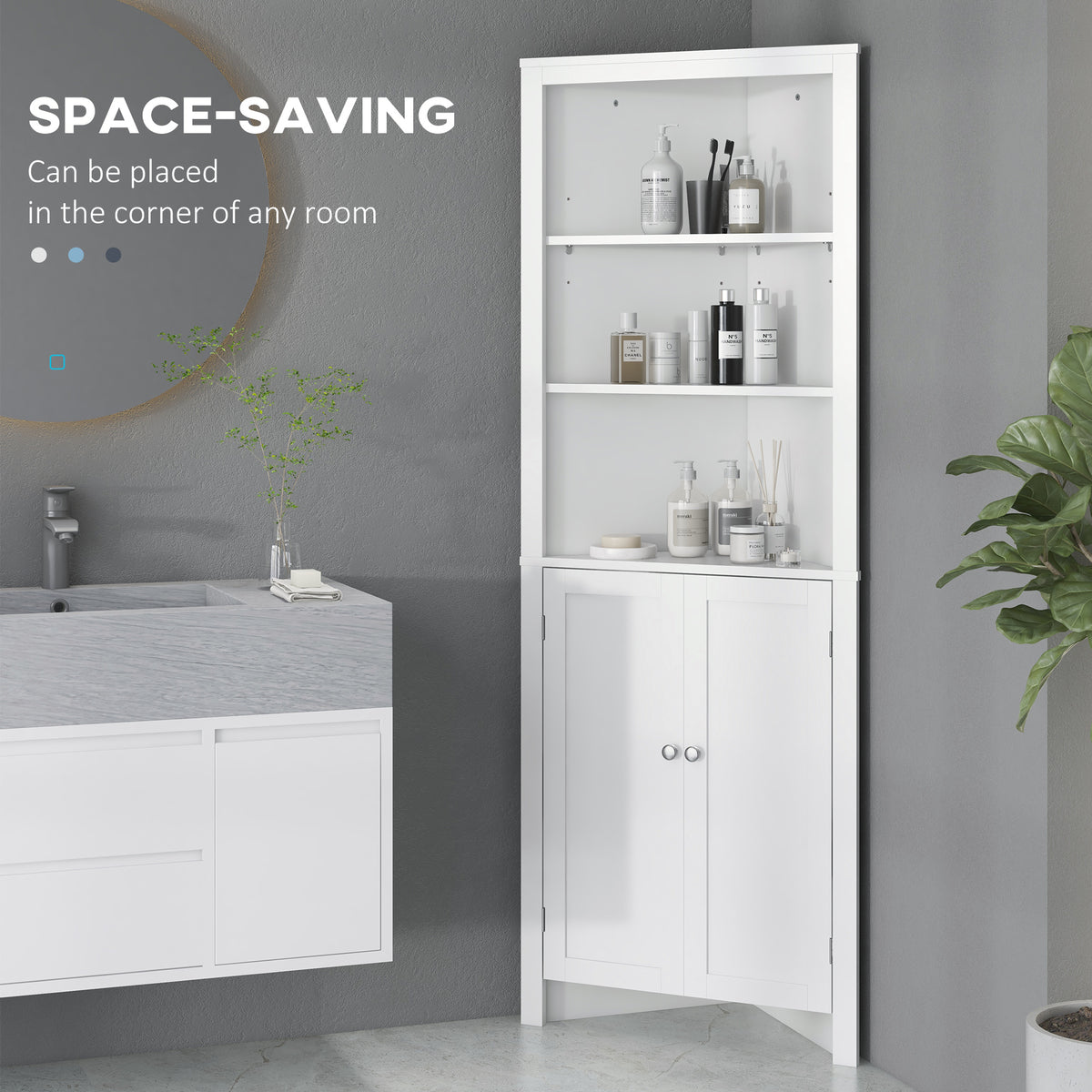 Tall Bathroom Storage Cabinet, Corner Cabinet with Doors, Linen Cabinet with Doors and 3-Tier Shelves, White