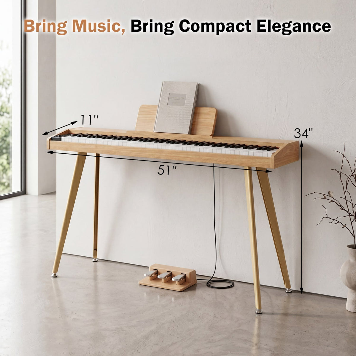 88-Key Semi-Weighted Digital Piano with 3 Pedal Unit and 80 Demos-Natural view 3