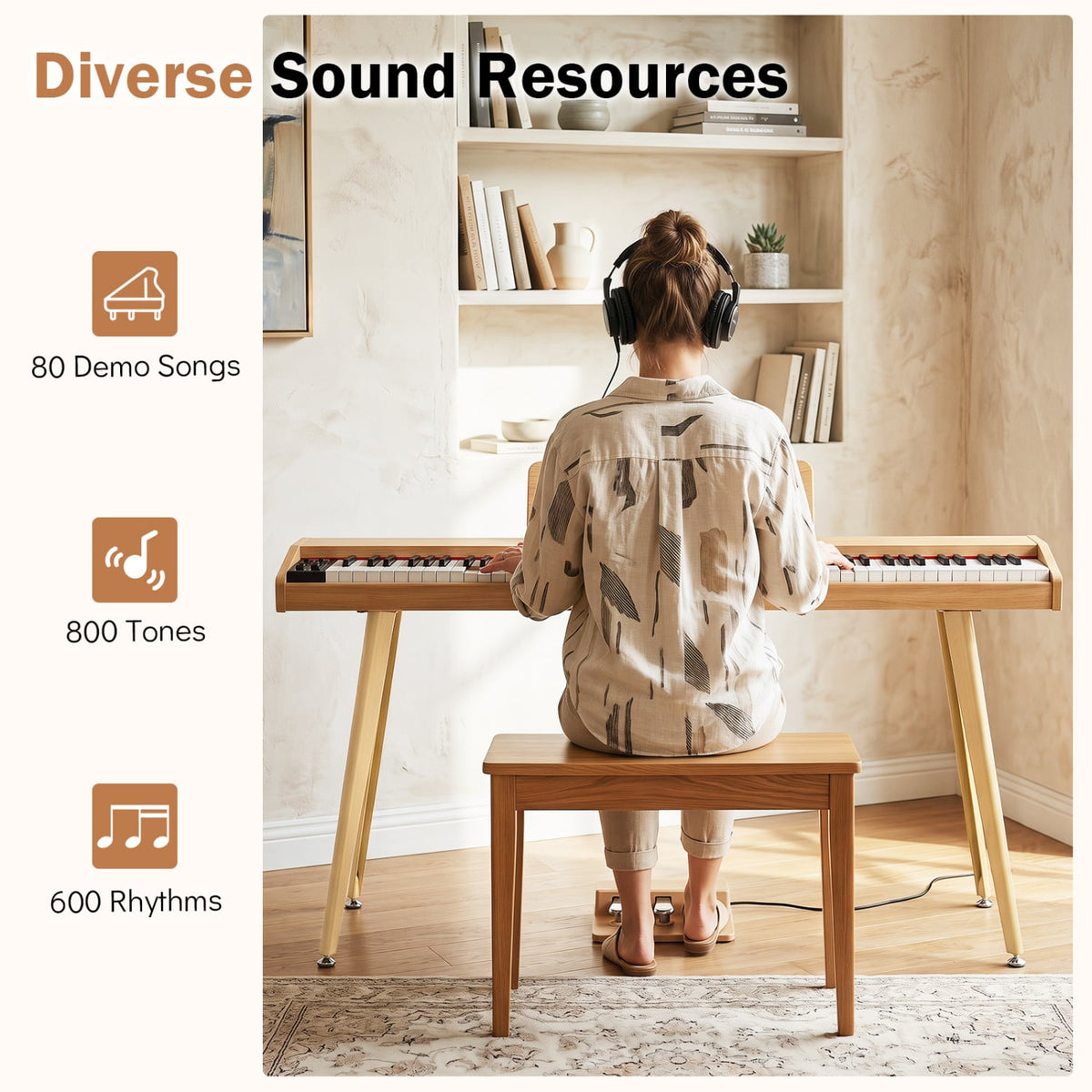 88-Key Semi-Weighted Digital Piano with 3 Pedal Unit and 80 Demos-Natural view 6