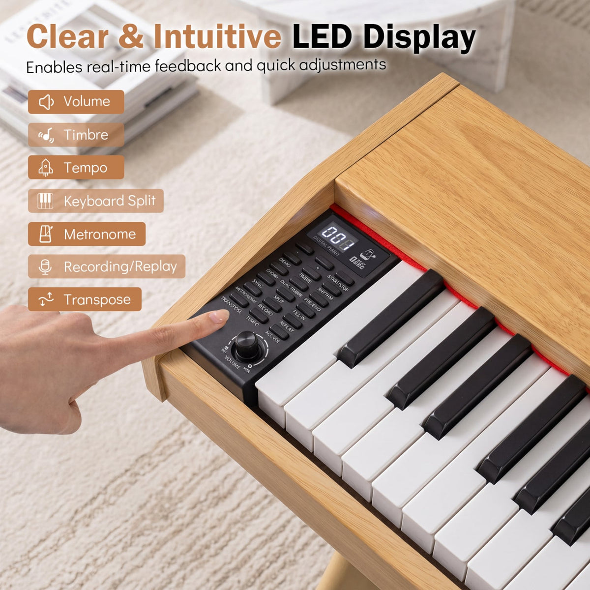 88-Key Semi-Weighted Digital Piano with 3 Pedal Unit and 80 Demos-Natural view 7