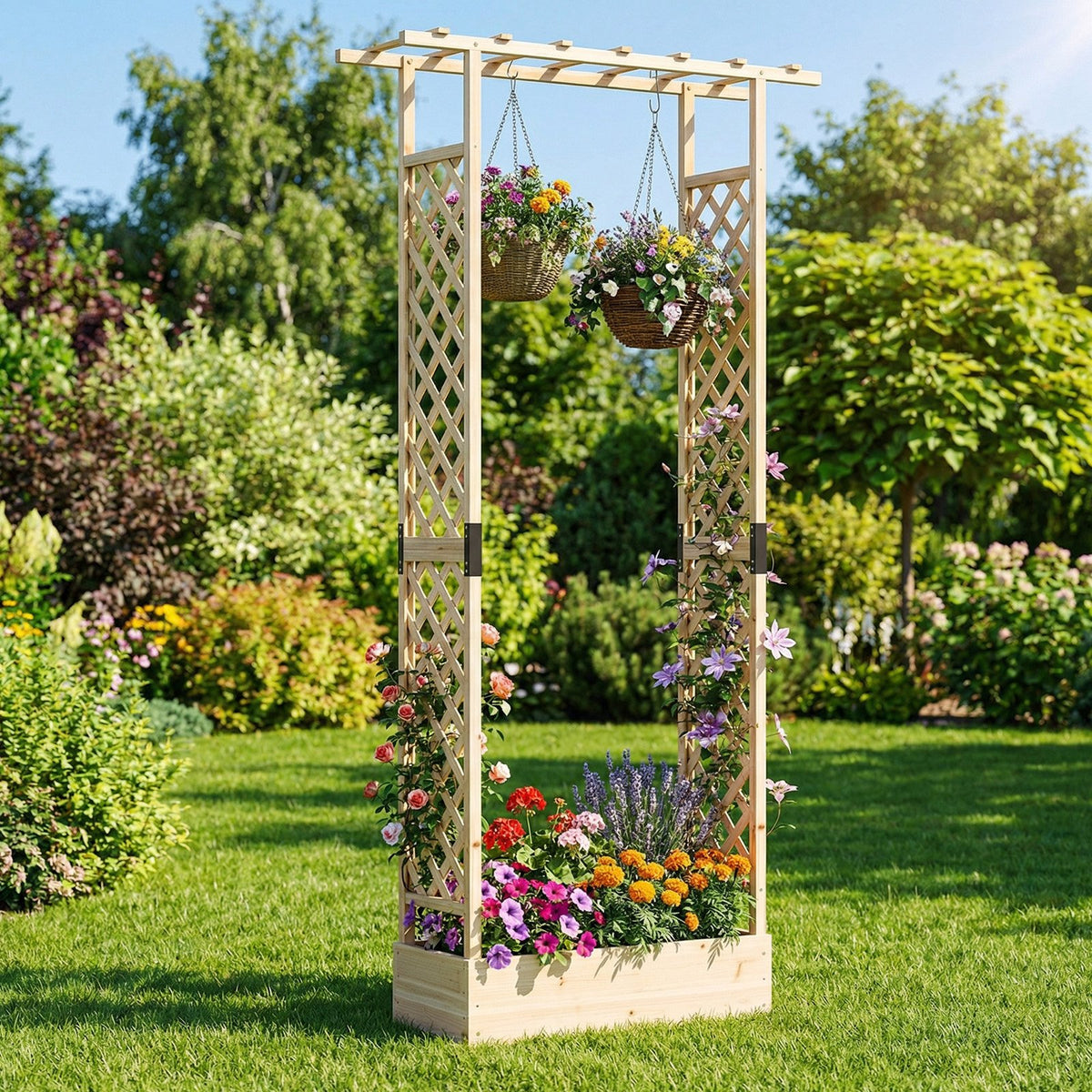 89 Inch Tall Wooden Raised Garden Bed with Side Trellis and Hanging Roof Drainage Holes-Natural view 2