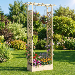 89 Inch Tall Wooden Raised Garden Bed with Side Trellis and Hanging Roof Drainage Holes-Natural view 2