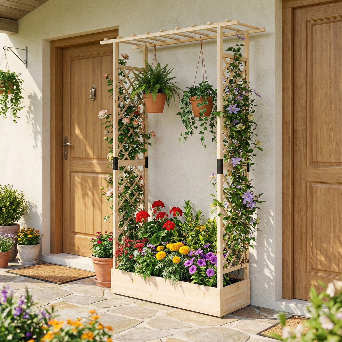 89 Inch Tall Wooden Raised Garden Bed with Side Trellis and Hanging Roof Drainage Holes-Natural view 3