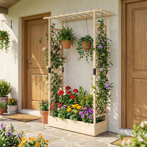 89 Inch Tall Wooden Raised Garden Bed with Side Trellis and Hanging Roof Drainage Holes-Natural view 3