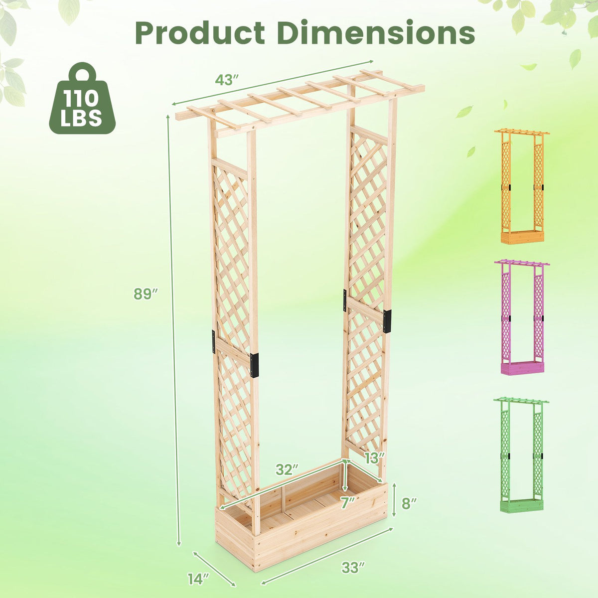89 Inch Tall Wooden Raised Garden Bed with Side Trellis and Hanging Roof Drainage Holes-Natural view 4