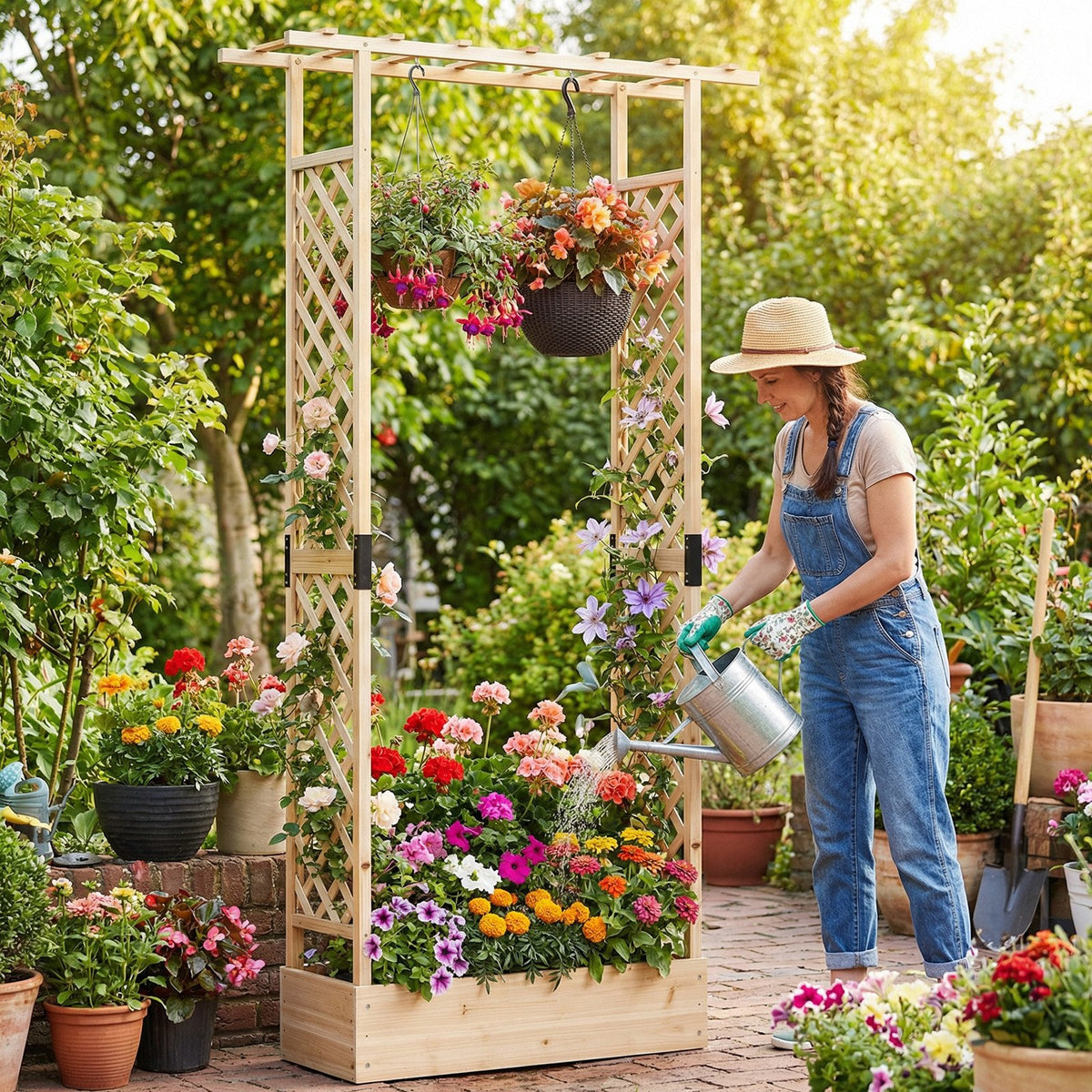 89 Inch Tall Wooden Raised Garden Bed with Side Trellis and Hanging Roof Drainage Holes-Natural view 5