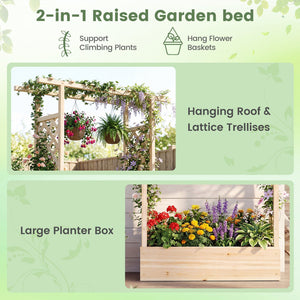 89 Inch Tall Wooden Raised Garden Bed with Side Trellis and Hanging Roof Drainage Holes-Natural view 7