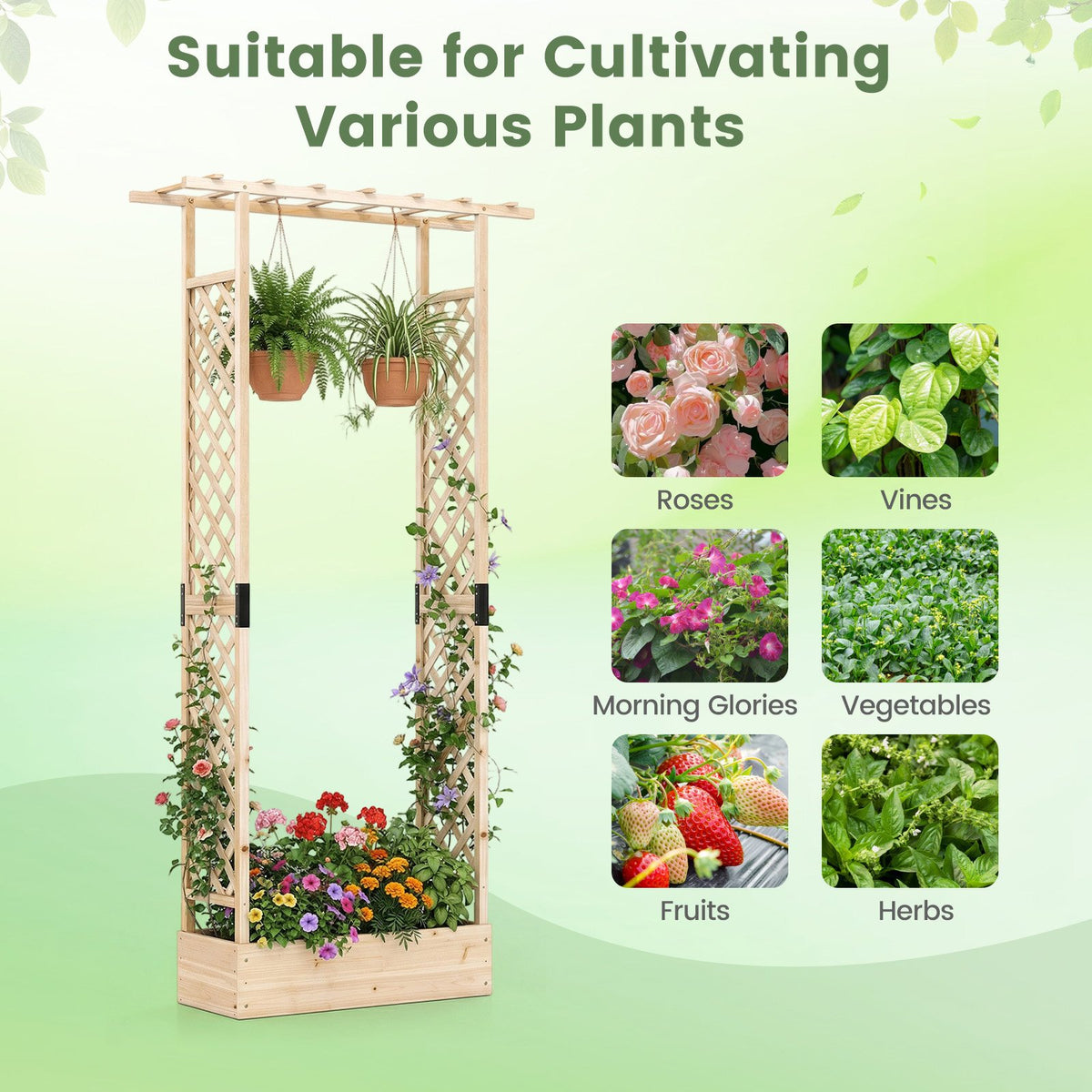 89 Inch Tall Wooden Raised Garden Bed with Side Trellis and Hanging Roof Drainage Holes-Natural view 8