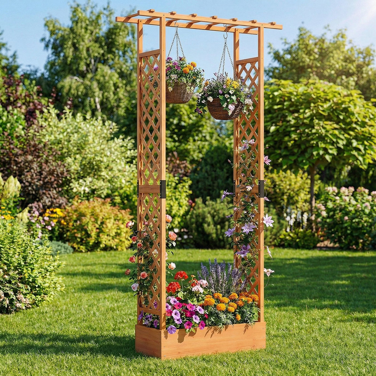 89 Inch Tall Wooden Raised Garden Bed with Side Trellis and Hanging Roof Drainage Holes-Orange view 2