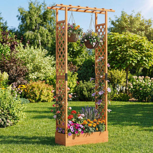 89 Inch Tall Wooden Raised Garden Bed with Side Trellis and Hanging Roof Drainage Holes-Orange view 2