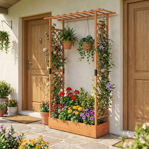 89 Inch Tall Wooden Raised Garden Bed with Side Trellis and Hanging Roof Drainage Holes-Orange view 3