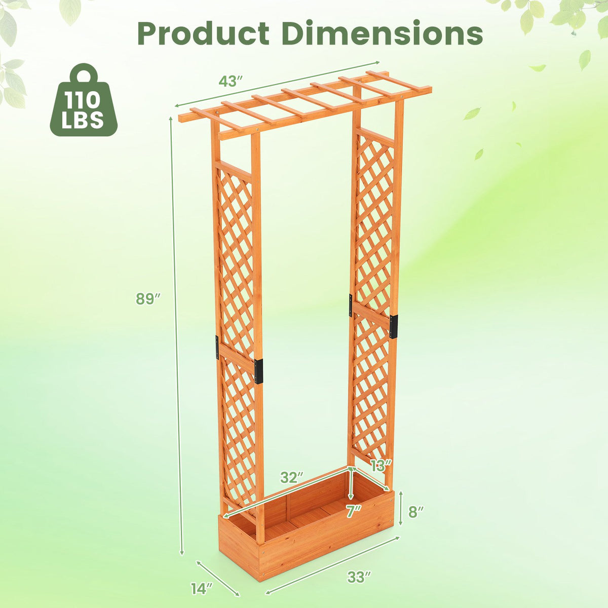 89 Inch Tall Wooden Raised Garden Bed with Side Trellis and Hanging Roof Drainage Holes-Orange view 4
