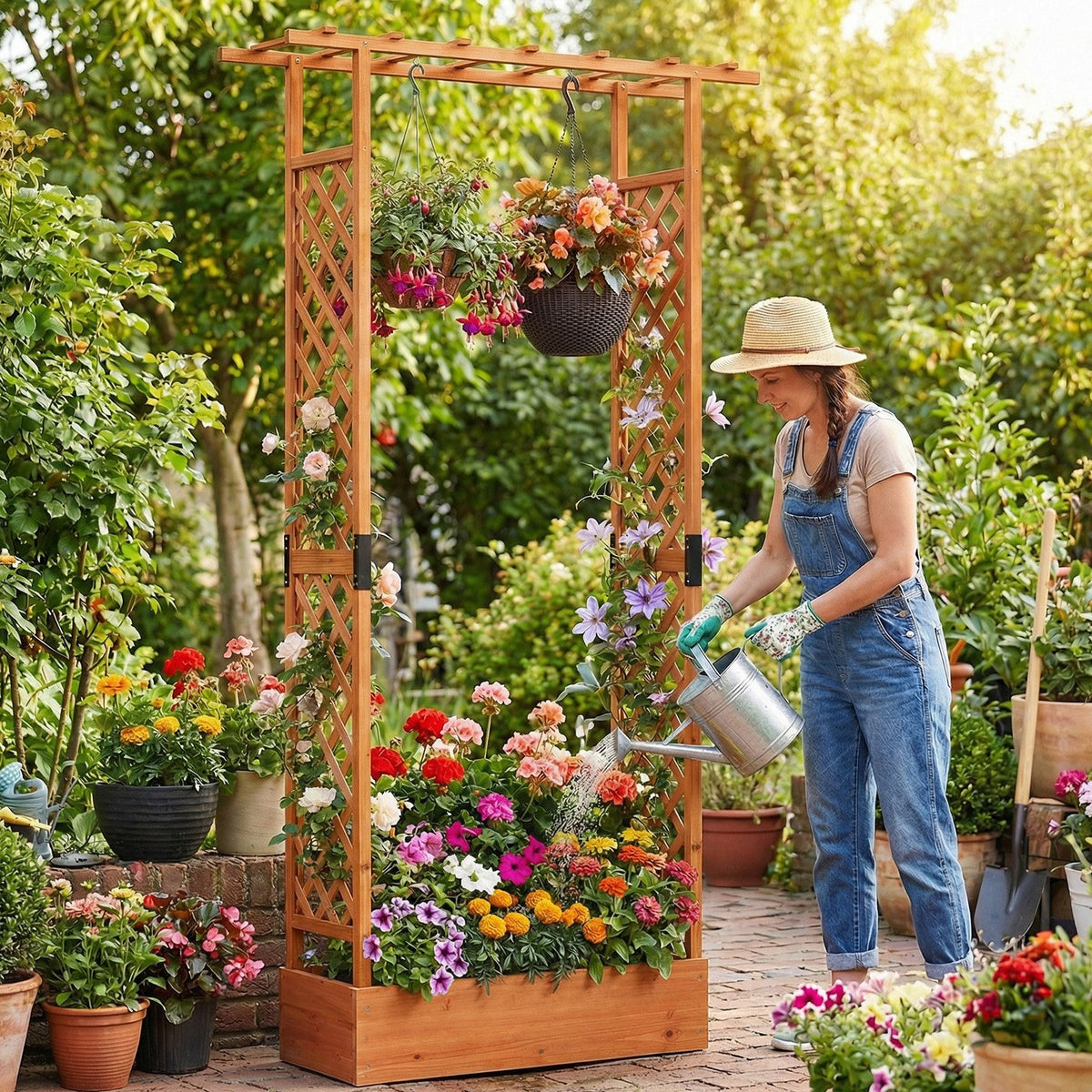 89 Inch Tall Wooden Raised Garden Bed with Side Trellis and Hanging Roof Drainage Holes-Orange view 5
