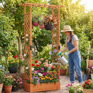 89 Inch Tall Wooden Raised Garden Bed with Side Trellis and Hanging Roof Drainage Holes-Orange view 5