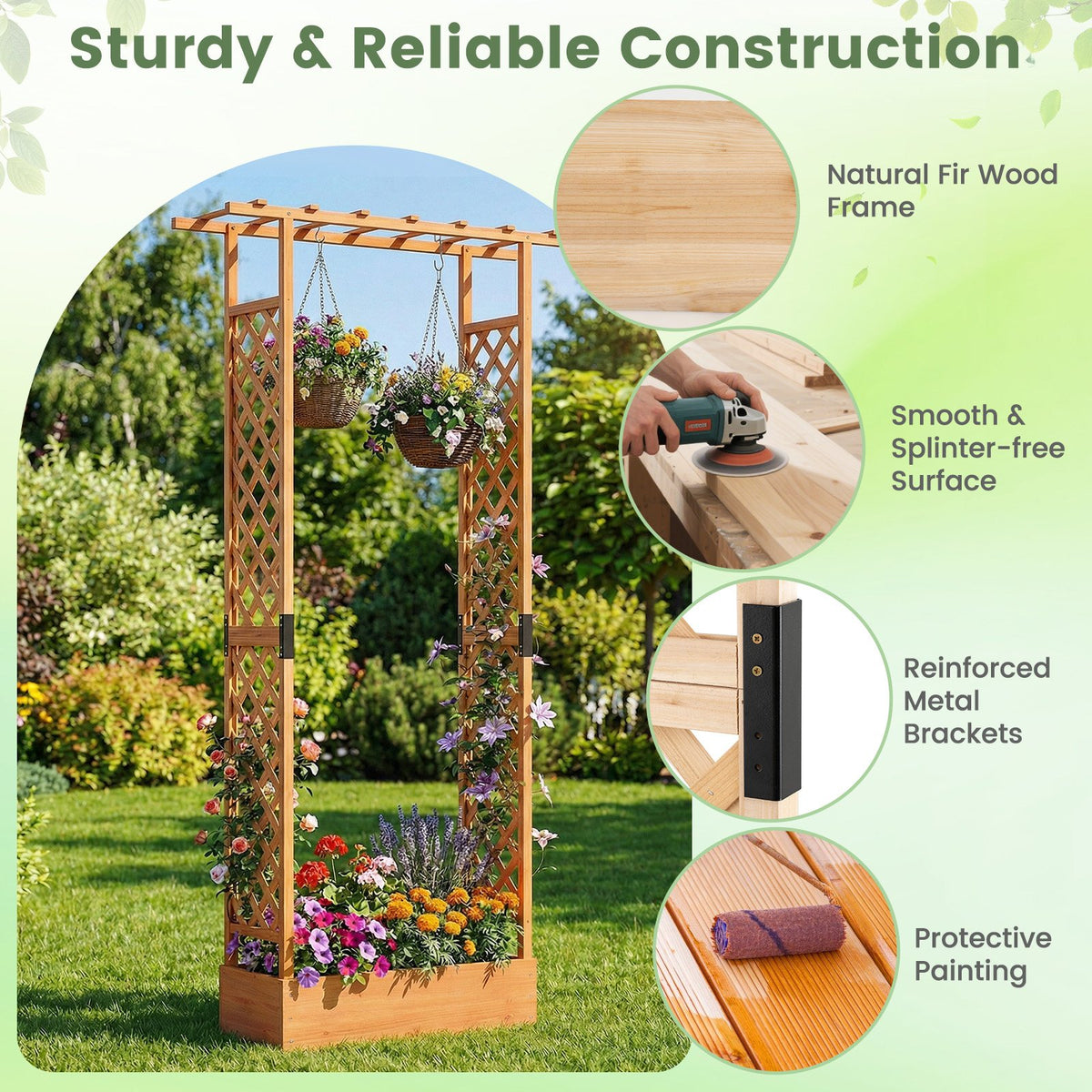 89 Inch Tall Wooden Raised Garden Bed with Side Trellis and Hanging Roof Drainage Holes-Orange view 6