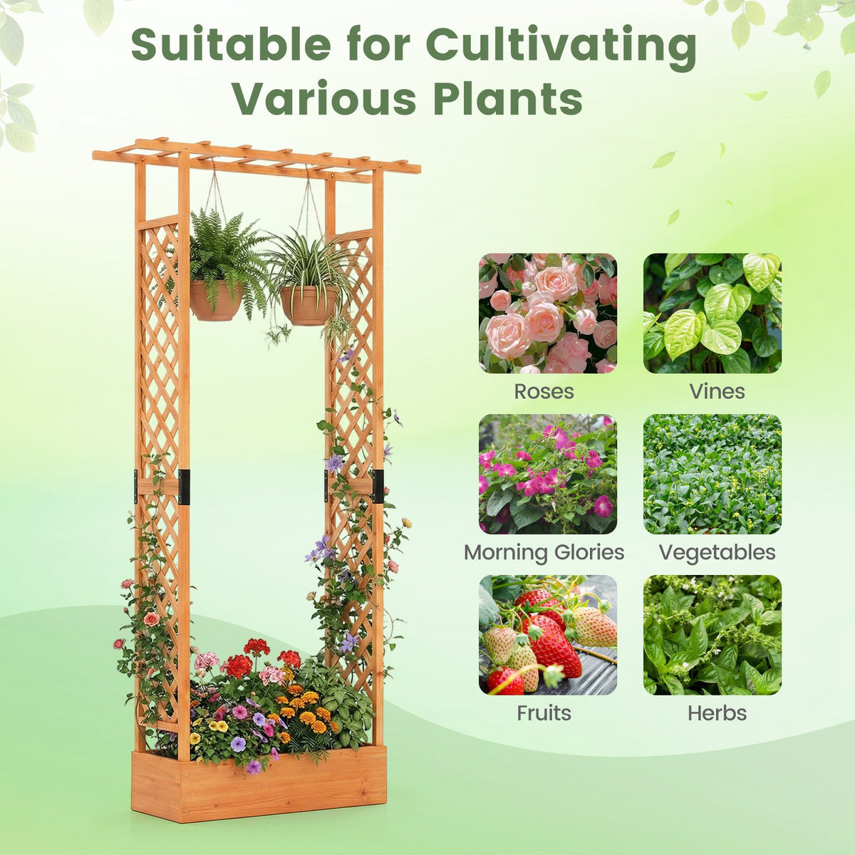 89 Inch Tall Wooden Raised Garden Bed with Side Trellis and Hanging Roof Drainage Holes-Orange view 8