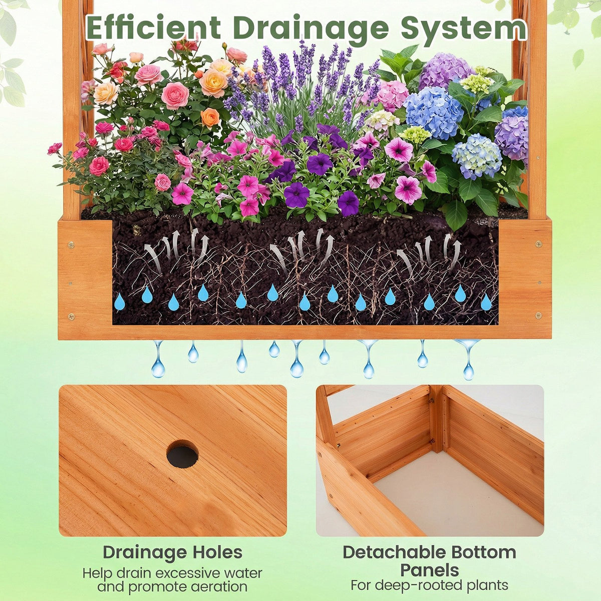 89 Inch Tall Wooden Raised Garden Bed with Side Trellis and Hanging Roof Drainage Holes-Orange view 9