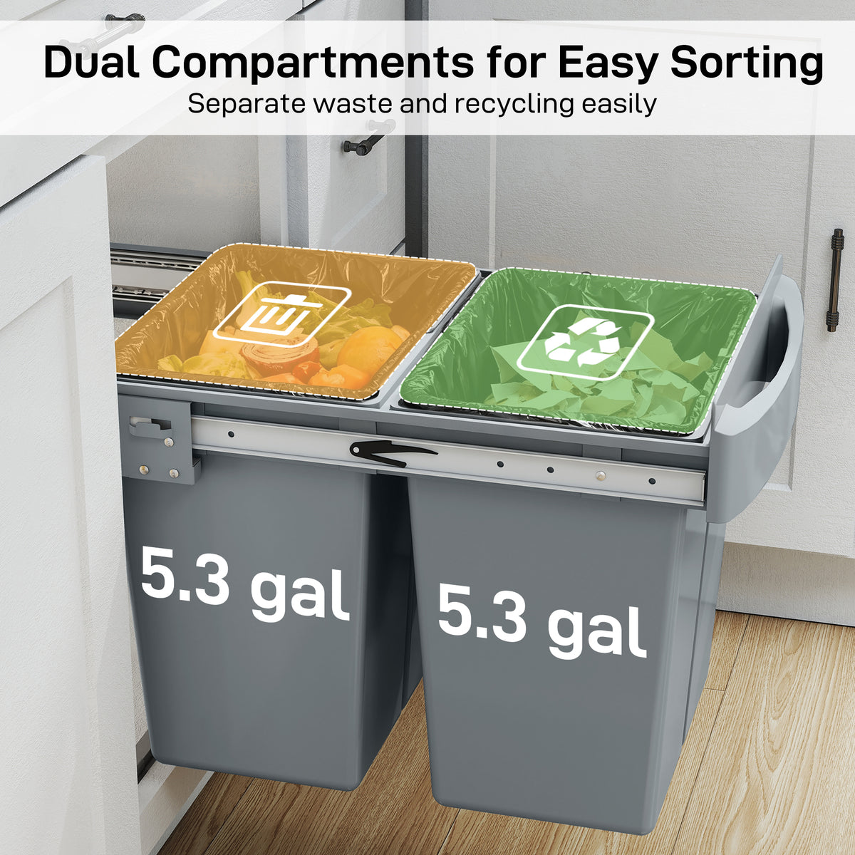 Pull Out Trash Can Under Cabinet, 10.6 Gallon (40L) Slide Out Garbage Can with 2 Removable Compartments, Grey