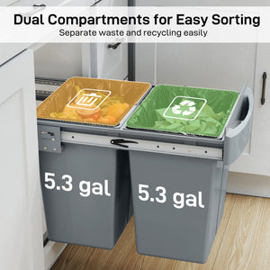 Pull Out Trash Can Under Cabinet, 10.6 Gallon (40L) Slide Out Garbage Can with 2 Removable Compartments, Grey