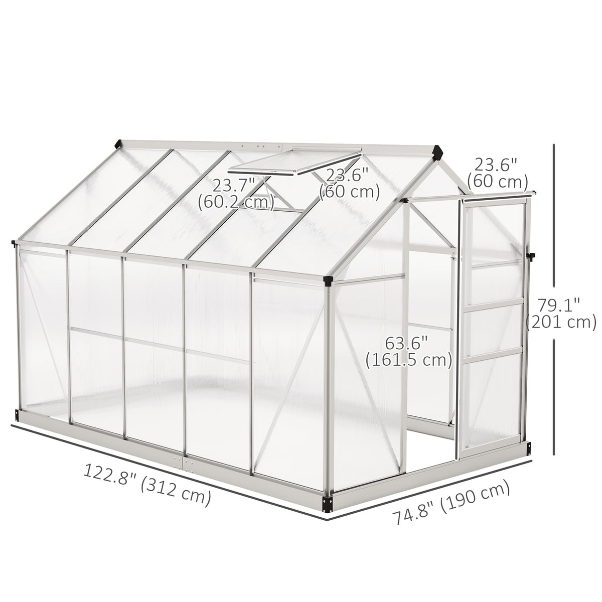 6' x 10' x 6.6' Polycarbonate Greenhouse, Walk-In Green House Kit Garden, Plants Grow, Galvanized Sheet Aluminum Frame with Rain Gutter, Vents and Sliding Door, Sliver