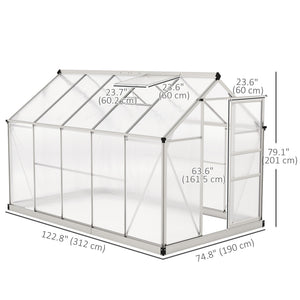 6' x 10' x 6.6' Polycarbonate Greenhouse, Walk-In Green House Kit Garden, Plants Grow, Galvanized Sheet Aluminum Frame with Rain Gutter, Vents and Sliding Door, Sliver