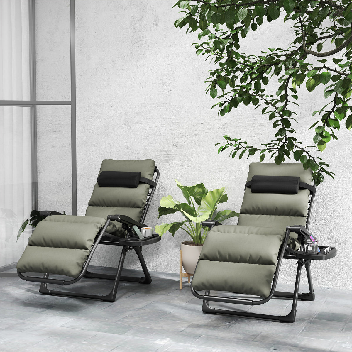 2pcs Reclining Zero Gravity Chair with Adjustable Backrest, Folding Garden Sun Lounger with Removable Cushion, Grey