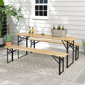 3 Pieces Folding Picnic Table Set, Portable Folding Picnic Table and Benches with Steel Frame for Garden, Park, Natural Wood