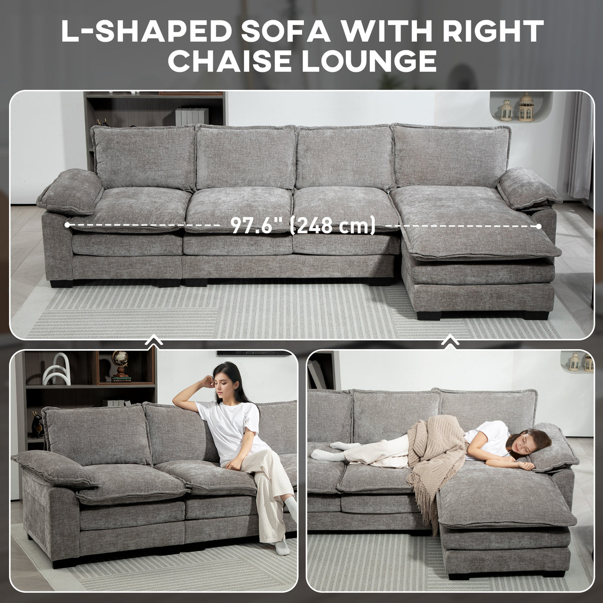 Sofa Couch with Chaise Lounge, Chenille L-shaped Couch with Double-layer Seat Cushion for Living Room, Grey
