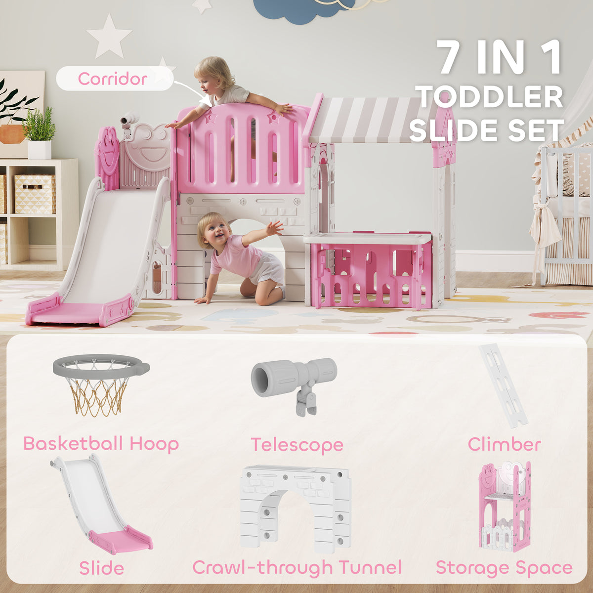 Qaba 7-in-1 Toddler Slide, Kids Slide Climber Playset with Playhouse and Basketball Hoop for 1-4 Years