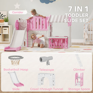 Qaba 7-in-1 Toddler Slide, Kids Slide Climber Playset with Playhouse and Basketball Hoop for 1-4 Years