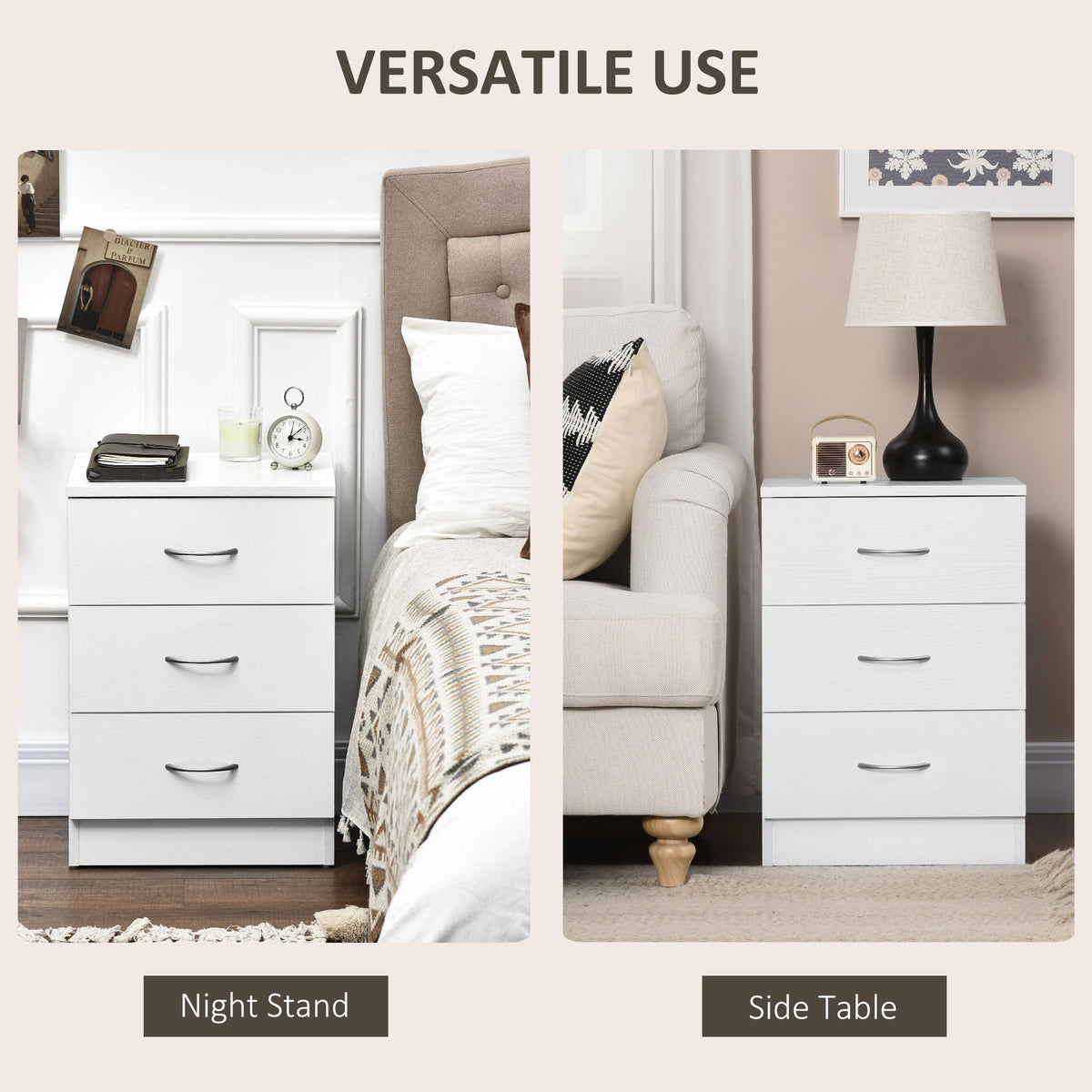 Bedside Table with 3 Drawers, Modern Wood Nightstand, Side Table with Anti-tipping Design for Bedroom, Set of 2, White
