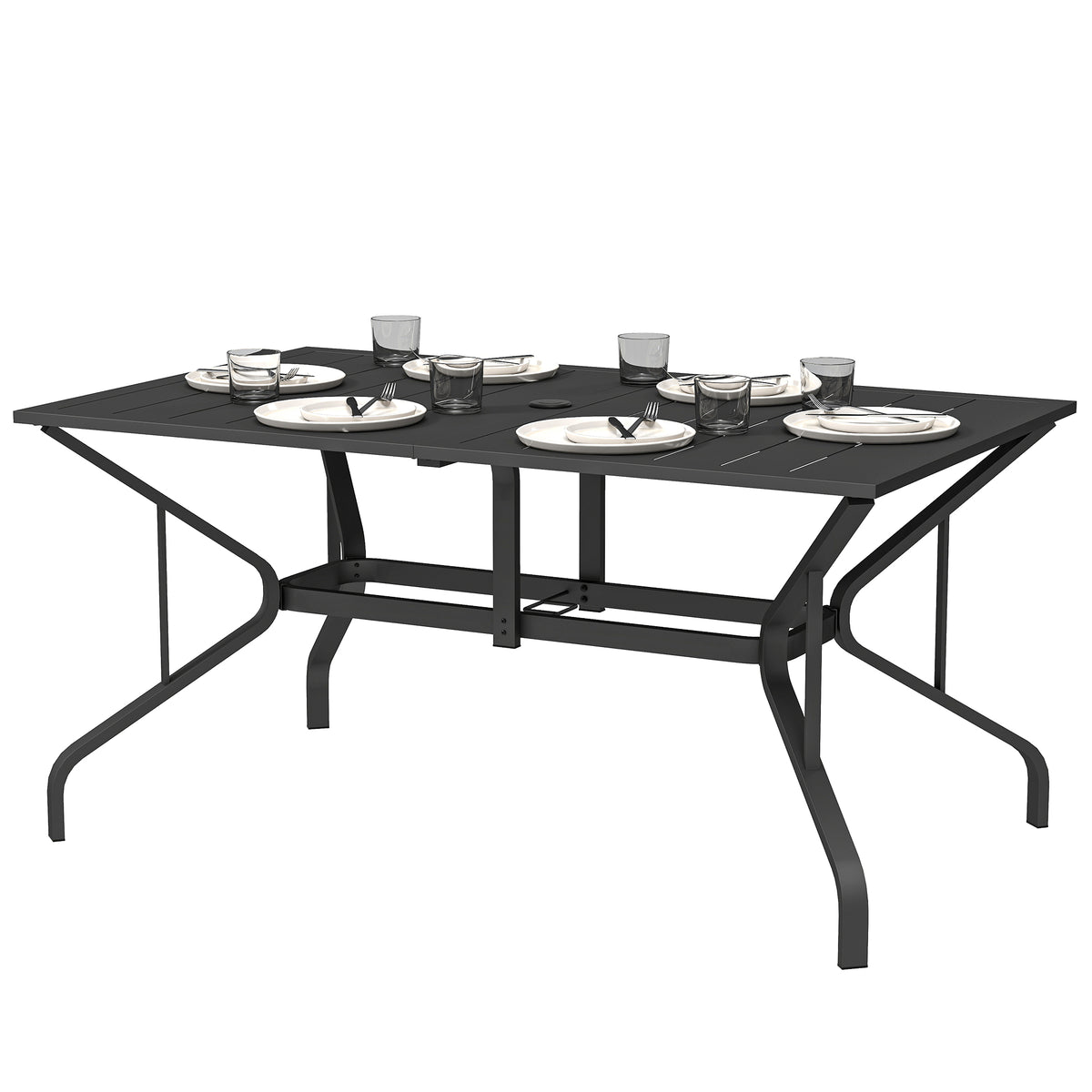 Rectangle Patio Dining Table with Umbrella Hole, Outdoor Dining Table for 6 with Steel Frame for Garden, Balcony, Black