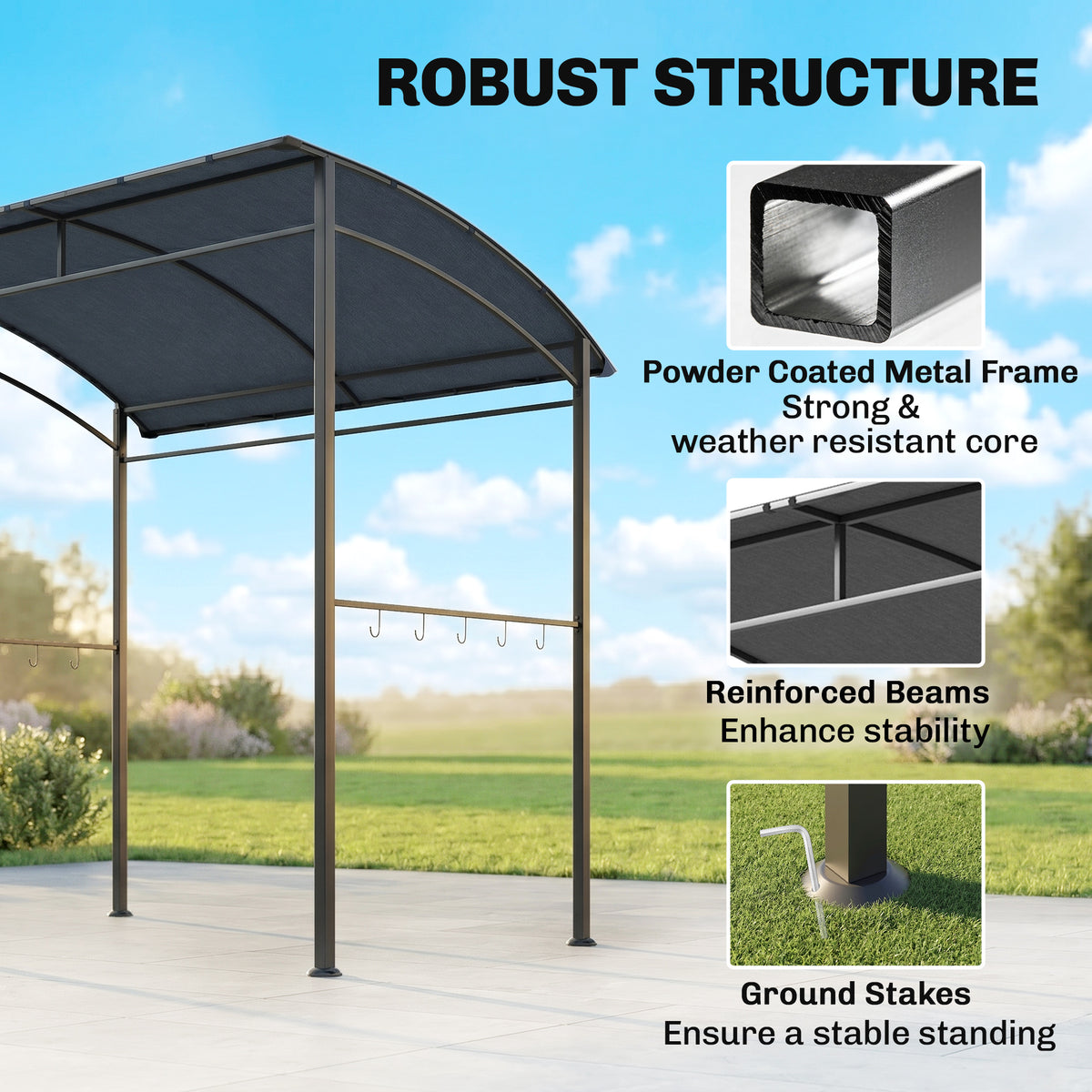 7' x 5' BBQ Grill Gazebo Tent, Garden Grill Canopy with Steel Frame and Hooks, Outdoor Sun Shade, Grey – view 5