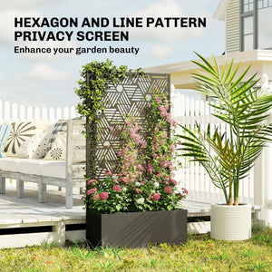 Metal Planter Box with Trellis, 44.5" Tall Raised Garden Bed with Privacy Screen, Hexagon and Line Cut-Out