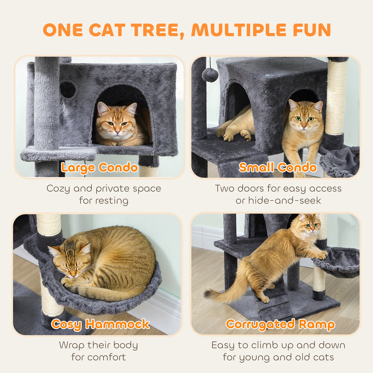 63 Inch Cat Tree with Sisal Scratching Posts, Condos, Plush Perches, Hammock, Ladder, Dangling Balls, Beige – view 10