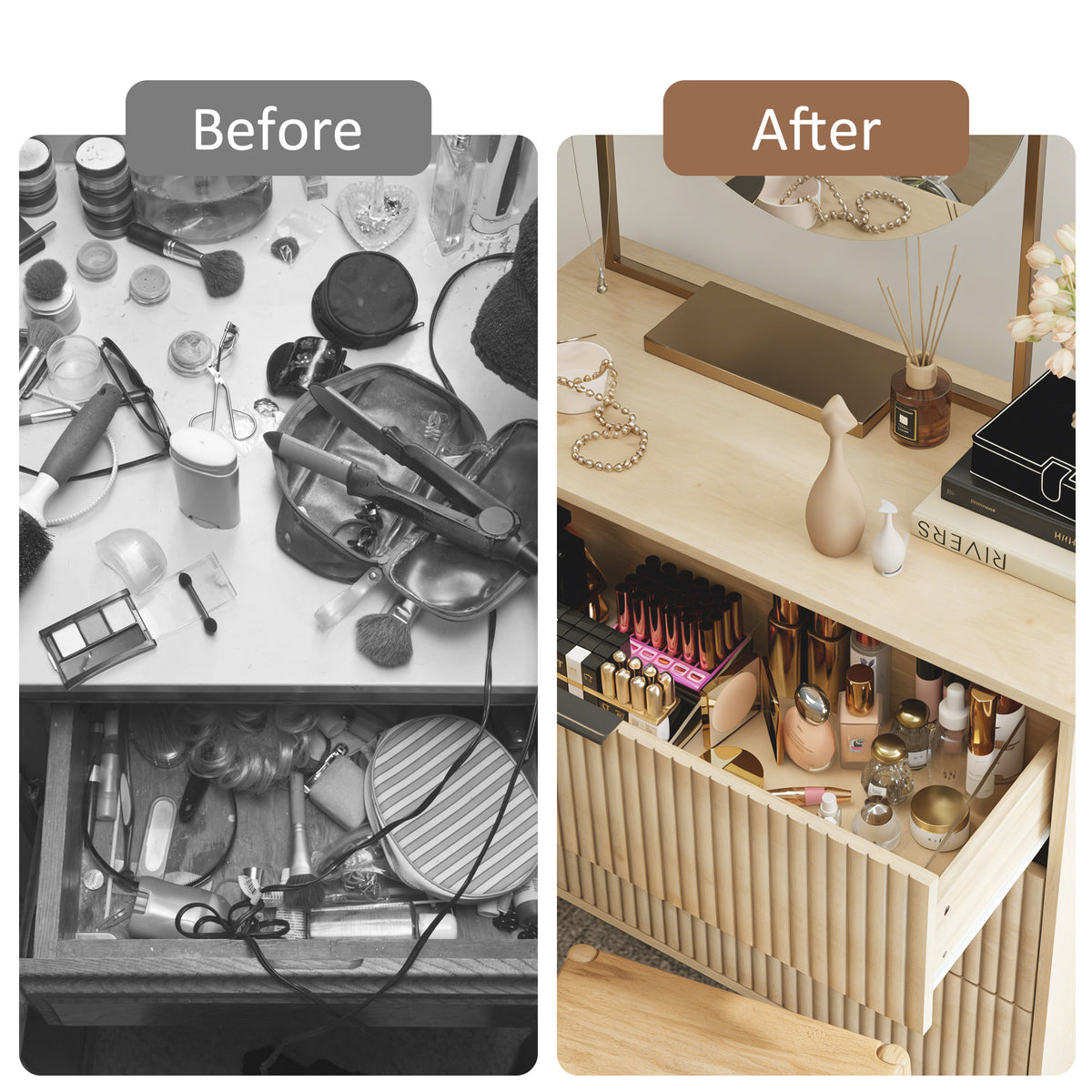 Bedroom Chest of Drawers, 3 Drawer Dresser with Fluted Panels and Solid Wood Legs, Storage Cabinet for Living Room, Oak