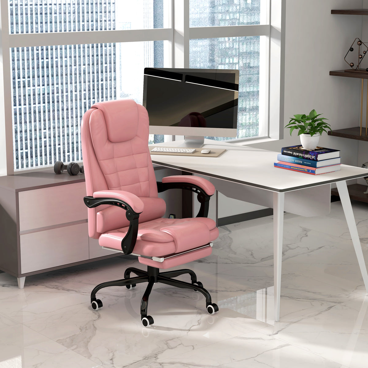 7-Point Vibrating Massage Chair, Reclining Office Chair with Footrest, Reclining Back, Adjustable Height, Pink