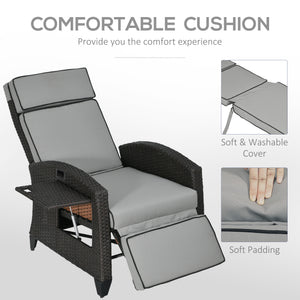 Wicker Recliner Chair with Adjustable Backrest and Footrest, Washable Cushion, Side Tray, Light Grey