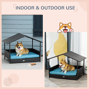 Rattan Dog House with Canopy, Wicker Dog Bed with Water-Resistant Cushion, for Small and Medium Breeds Blue
