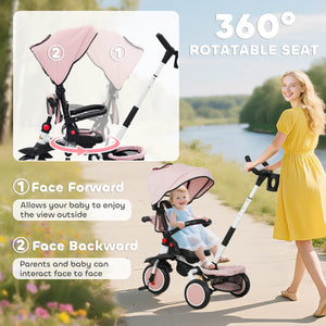 Qaba 6 in 1 Toddler Tricycle for 1-5 Years Old with Push Handle, Removable Canopy, Rotatable Seat