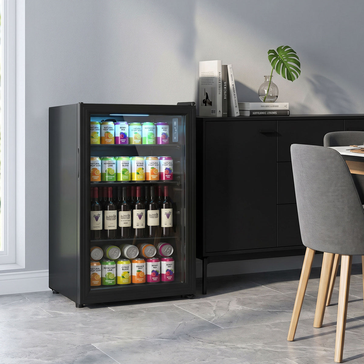 3.2 Cu.Ft Beverage Fridge, 128 Can Drink Fridge with Glass Door, Auto-Defrost and LED Light for Soda, Beer, Black