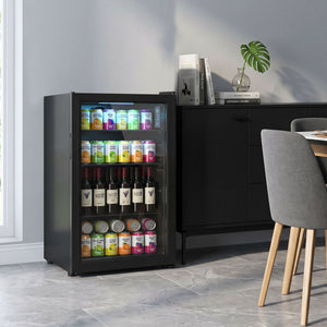 3.2 Cu.Ft Beverage Fridge, 128 Can Drink Fridge with Glass Door, Auto-Defrost and LED Light for Soda, Beer, Black